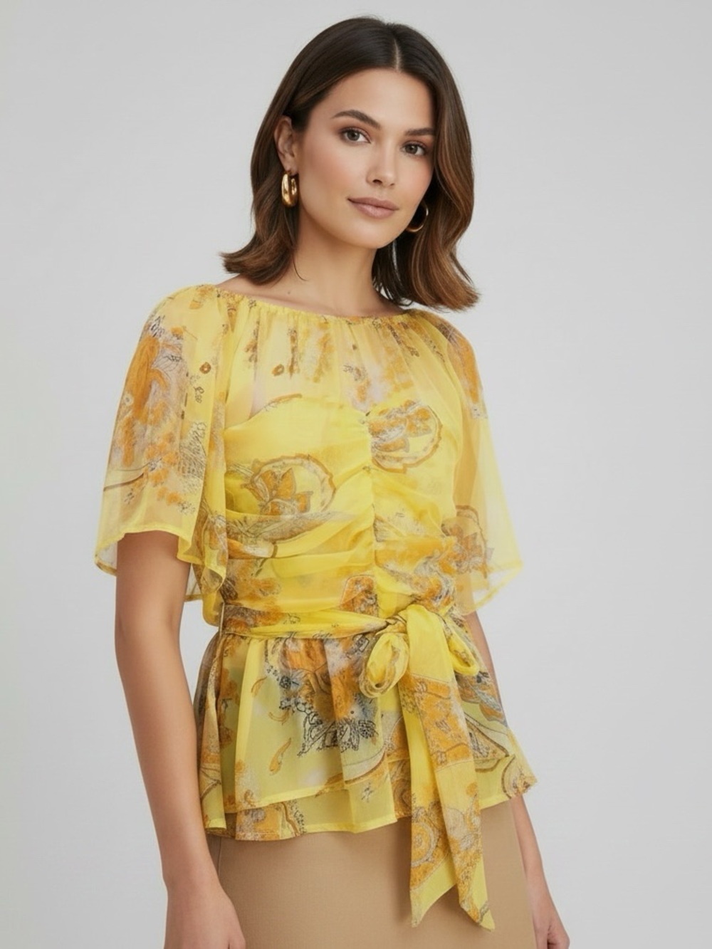 Walter Baker Tyrone Ruched Yellow Sheer Ruched Short Sleeve Blouse Size: L